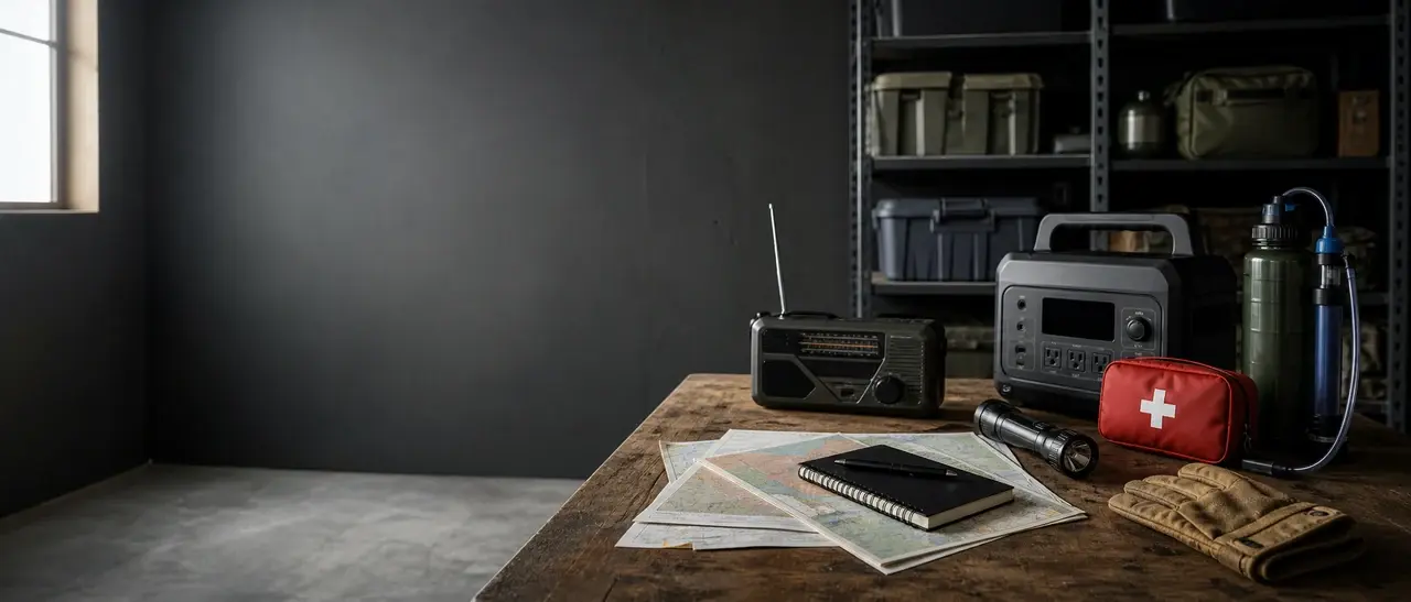 A preparedness workbench with a radio, first aid supplies, water storage, and planning documents
