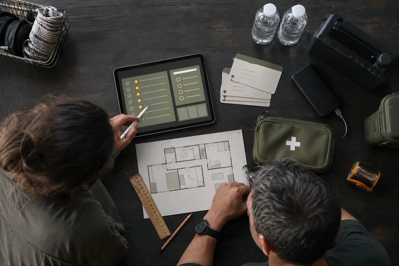 A preparedness planning table with checklists, a floor plan, a radio, and readiness cards